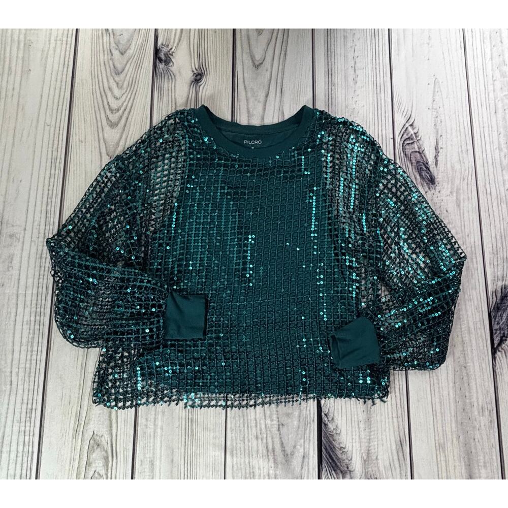 Pilcro Anthropologie Sequin Top Balloon Sleeve Sz M Blue Green Top - Picture 6 of 11